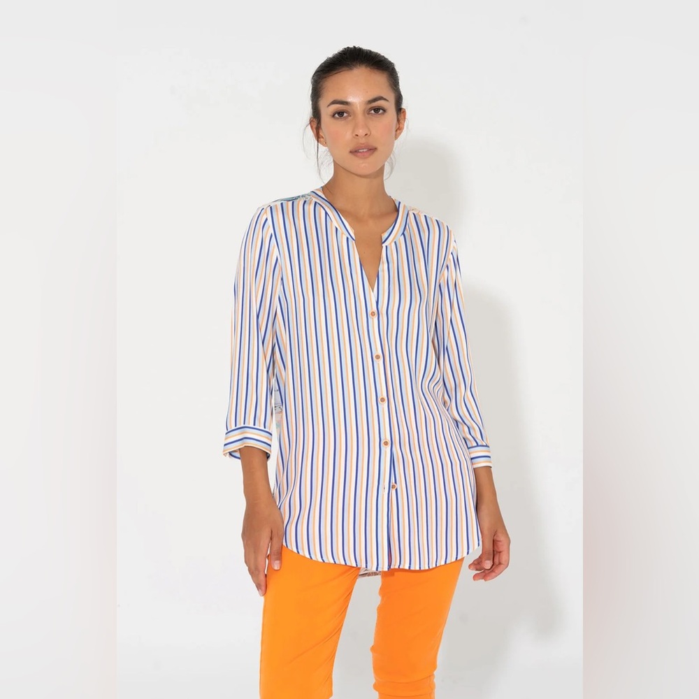 BARILOCHE BONANZA STRIPED Flowy Fit Button Down Shirt | Blue Orange White Tropic